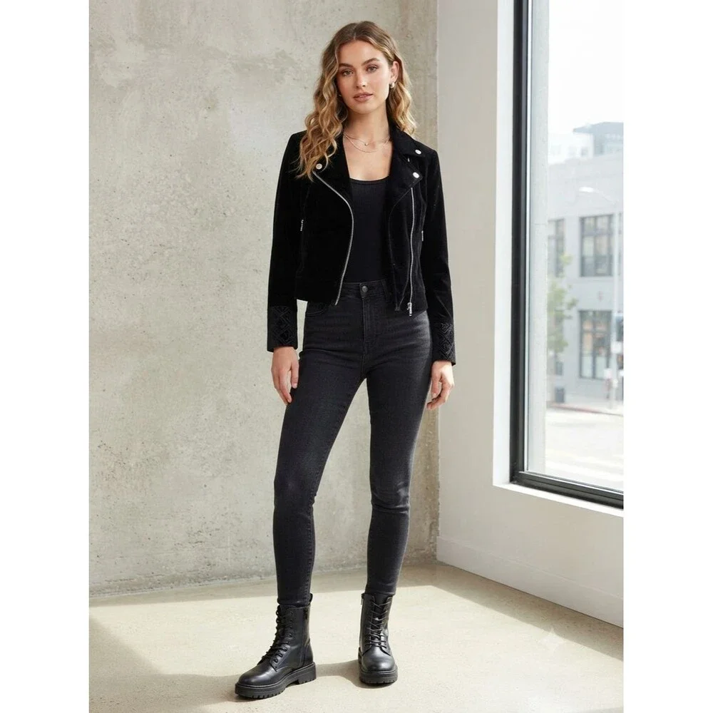 NWOT Justice Girls Black Velvet Moto Jacket Size 10 Lined Lace Up Sleeve